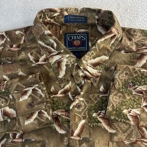Vintage Chaps Ralph Lauren Button Shirt Mens L Brown Mallard Duck AOP Hunting